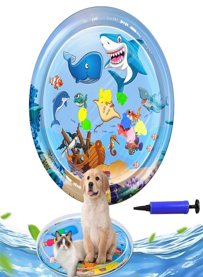 Qpets® Cat Water Bed Inflatable Water Mat with Air Pump Summer Cooling Down Bed Anti-Scratch Thicken PVC Game Mat with Built in Fish Ornaments,39.37 inches Dia - Image 1